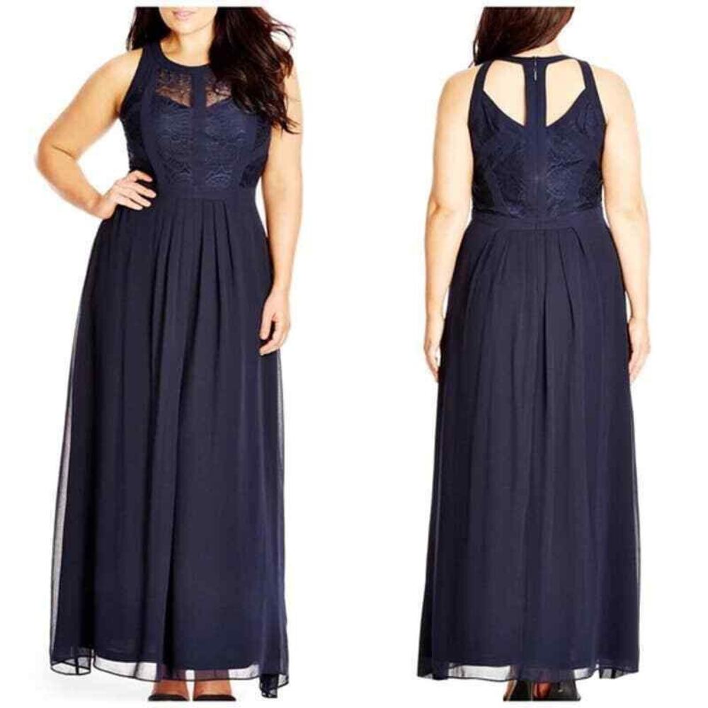 City Chic Navy Lace Paneled Chiffon Sleeveless Formal Maxi Dress Size 22